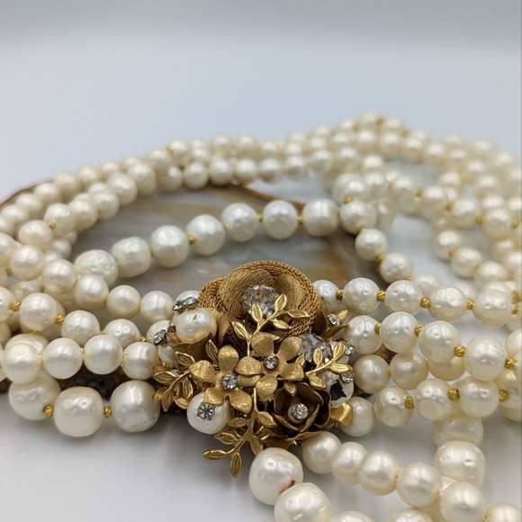 Miriam Haskell Unsigned Multi Strand Faux Pearl Ornate Gold floral & Rhinestone - Picture 13 of 13
